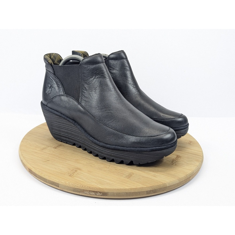Fly London Womens YOFI Wedge Chelsea Pull-On Bootie Black Leather EU 41 US 10